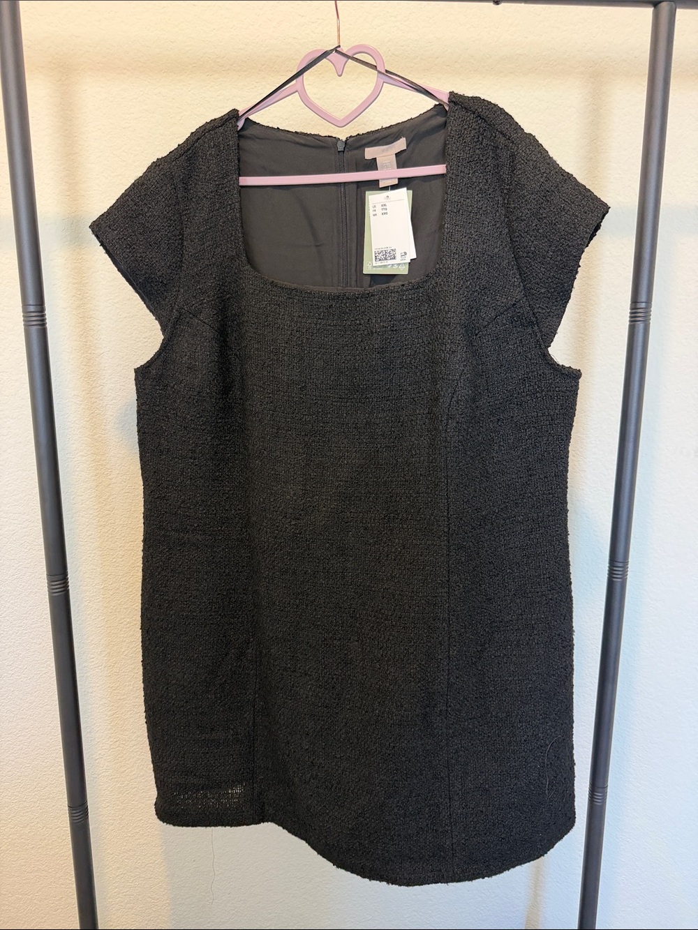 H&M Black Textured Midi Dress with Square Neck